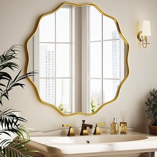Round Wavy Mirror - 24 Inch Bathroom Vanity Mirror Metal Frame Circle Wall Mounted Mirror for Bedroom Living Room Entryway, Gold