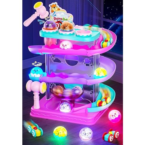 2-in-1 Rolling Ball & Car Ramp Race Track for Toddlers, Hammer Ball Drop Toy for Boys & Girls, Interactive Toys w/Sensor Lights - Montessori STEM Learning Toys - Brithday Gift for Kids 1-5+ Year Old