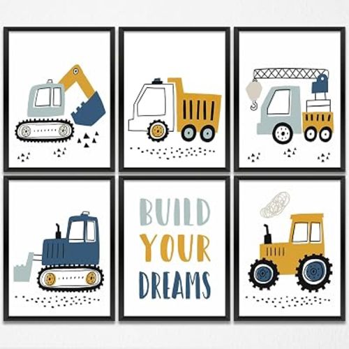 Construction Truck Prints Wall Art Nursery Decor Boys Room Decor Cute Toddler Vehicle Tractor Pictures Paintings Artwork for Home Bedroom Playroom Baby Nursery Wall Decoration (8"x10",6Pcs, Unframed)