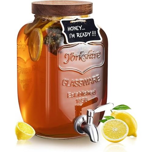 Mustry Glass Drink Dispenser for Parties, 1 Gallon Beverage Dispenser with Spigot Solid Stainless Steel, Used as Lemonade Dispenser Sun Tea Jar Kombucha Jar