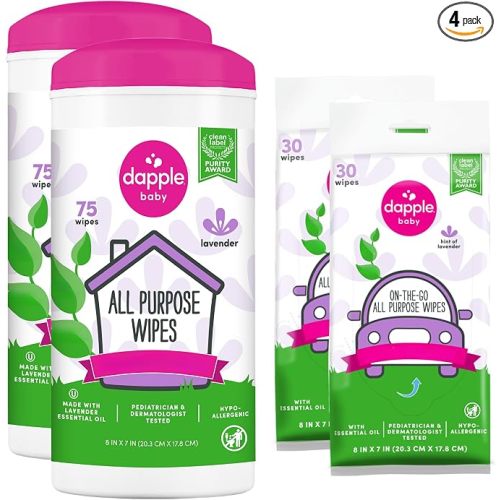 Dapple Baby All Purpose Cleaning Wipes - (2 Pack) 75 Count Canisters + (2 Pack) 30 Count Pouches - Plant-Powered & Hypoallergenic - Lavender Scent - Baby Essentials
