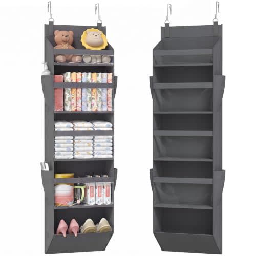 Lifewit 1 Pack Over the Door Organizer, 5 Section Clear Window Hanging Storage with 4 Side Pockets, Sturdy Anti Tilt 40 lbs Load Behind Door for Closet, Bedroom, Bathroom, Nursery, Dorm, Dark Gray