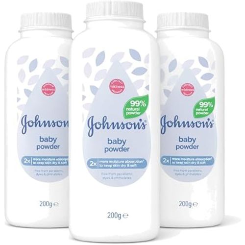 Johnson's Baby Powder, 200g (Pack of 3), 600g Total Multipack – Mild & Gentle Formula for Delicate Skin, Absorbs Moisture to Keep Skin Soft & Dry