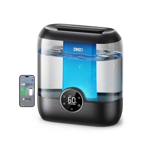 DREO 6L Smart Humidifiers for Bedroom, Large Room, 60H Runtime, Quiet 28dB | Top Fill Supersized Cool Mist Humidifier for Plants, Indoor, Home, Night Light, App/Touch/Voice Control, Ebony