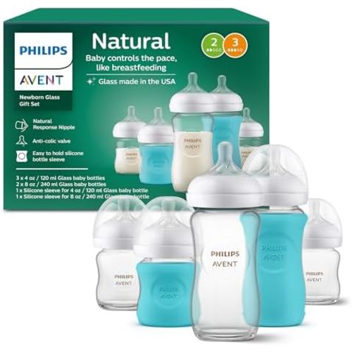 Philips Avent Natural Glass Newborn Gift Set, 5 Bottles, 2 Silicone Sleeves