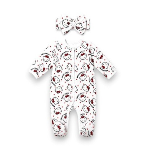 Hello Kitty Baby Girls' 2-Piece Footed Coverall With Bow Headband, White, 3 Months