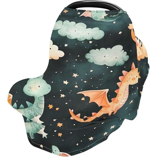 Qilmy Cute Dragons Baby Car Seat Cover, Multi-Use Breathable Breastfeeding & Stroller Cover, Shower Gift for Boys & Girls