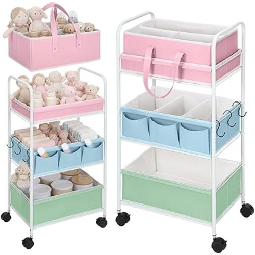 Honeydak 2in1 Baby Diaper Caddy Organizer Cart 3 Tier Large Capacity Metal Utility Bedside Rolling Cart with Divider Newborn Registry Nursery Essential Must Have Crib Bedroom Baby Shower(Colorful)