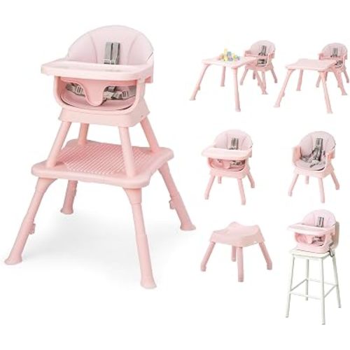 JOYMOR 9 in 1 Baby High Chair for Babies and Toddlers, Convertible Baby Feeding Chair Booster for Eating,Foldable and Portable Highchair with Removable Tray,Activity Table for Toddlers & Infants,Pink