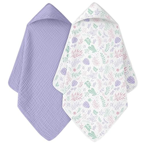 Baby Bath Towels, 100% Muslin Cotton Hooded Baby Towels for Newborn, 2 Pack Baby Towels with Hood for Infant Toddler and Kids, Large 32x32Inch Unisex Bath Essentials, Soft and Absorbent