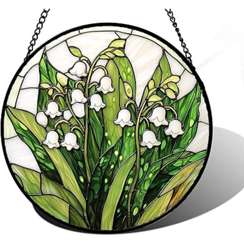 Stained Glass Window Hanging, Lily of The Valley Flower Sun Catchers Colorful Glass Panel Green Plants Suncatcher Decor for Birthday for Women,Men,Wife, Lovers, and Mom 6.3 in