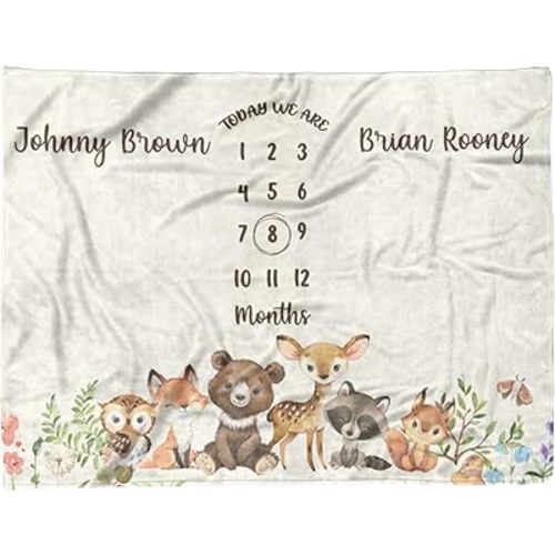 MDPrints Personalized Twin Milestone Blanket, Custom Monthly Baby Blankets with Name for Boys and Girls, 30x40 & 50x60inch Soft Plush Fleece (Brown)