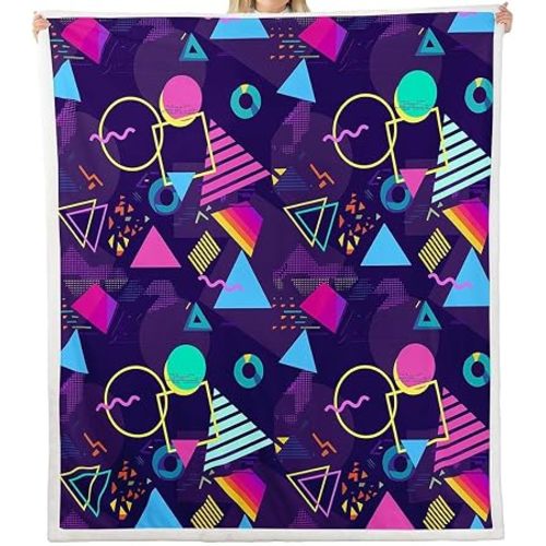 80s 90s Throw Blanket Memphis Old Fashioned Fleece Blanket 60"x80", Geometric Abstract Colorful Dots Funky Blanket Retro Bed Blanket, Multicolor Vintage Rainbow 80'S Style 1980S Home Decor