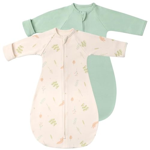 2 Pack Transitional Baby Swaddling Sacks with Arms Up Length Sleeves & Mitten Cuffs, Sleeping Sack Bag 2 Ways Zipper, Wearable Swaddle Blanket for Newborns Baby Snug Fit Calms Startle Reflex