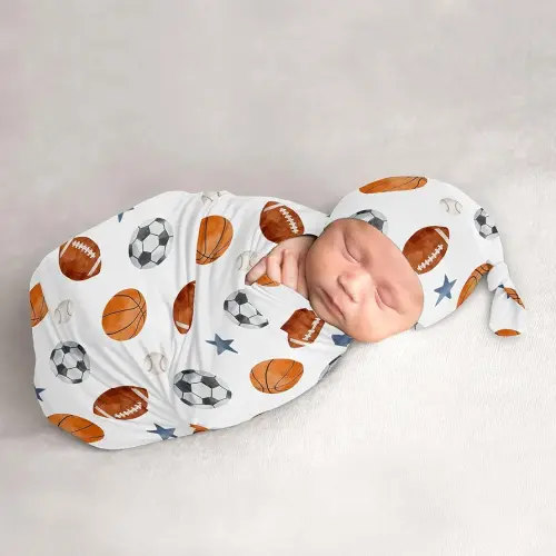 Sweet Jojo Designs Sports Theme Boy Baby Cocoon Swaddle and Beanie Newborn Jersey Set Infant Wearable Blanket Going Home Outfit Set Watercolor Sport Soccer Balls Football Baseball Basketball Blue Star