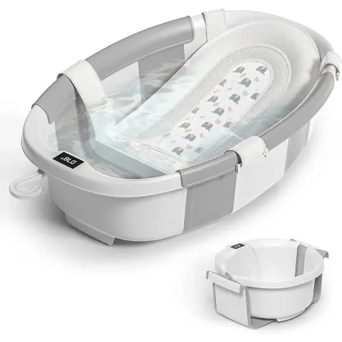 Collapsible Baby Bathtub for Newborn to Toddler 0-36 Months, Spacious Foldable Infant Bath Tub with Thermometer, Cushion & Drain Hole, Portable Travel Tub Grey