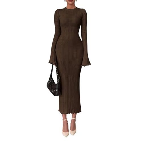 PRETTYGARDEN Women's Sweater Dress Long Sleeve Maxi Dresses | Bell Sleeve Stretchy, Ribbed Knit Long Bodycon Fall Winter Wedding Guest Dress, Classy Party Holiday Outfits, Fashion Clothes