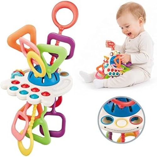 Baby Toys 6-12 Months, Montessori Silicone Pulling Toy for Babies, 6 in 1 Pull String Sensory Toy, Baby Teething Toy, Car Seat & Stroller Toys, Gift for 1 Year Old Boy Girl