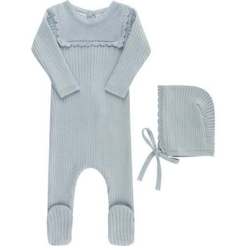 Scallop Trimmed Rib Knit Romper & Bonnet Powder Blue - Feltman Brothers | Maisonette