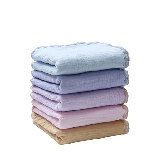 JUVA Baby Washcloths Organic Cotton Muslin Soft Absorbent 10x10 Inch 5-Pack | Soft 6-layer muslin, scalloped trim, highly absorbent, great for newborn & toddler bath and feeding
