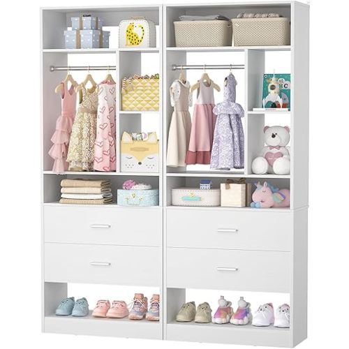 Besiost 4FT Closet System with 4 Wood Drawers, 48" Closet Organizer System with 10+ Small Shelves & 2 Hanging Rods, Walk-in/Nursery Closet Systems, Set of 2, White (48" L x 15" W x 80" H)