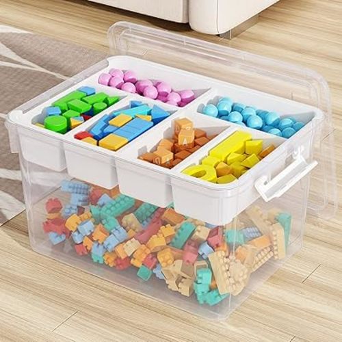 HOMETUK 40Qt Large Stackable Storage Bin with Lid & Tray, Clear Plastic Latching Box Organizer with Divider Portable 10Gal Container for Arts & Crafts, Home and Car Trunk Organization, 1Pack