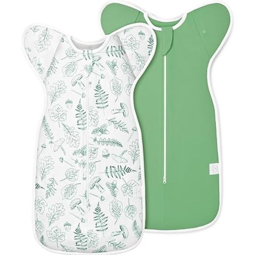 2-Pack Newborn Swaddle Sleep Sack - Baby Transitional Swaddle Sack 0-3 Months, Arms Up Swaddles with Cuff Removable Design, Green Leaves, 100% Cotton Newborn Sacks