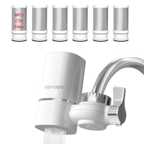 Vortopt T1 Water Filter for Sink Faucet, 400 Gallon Capacity, Reduces 99% Chlorine & Odors, with 6 Replacement Cartridges