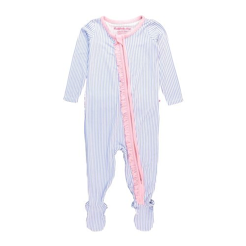 RuffleButts Periwinkle & White Micro Stripe Ruffle One Piece Footie Pajamas - 6-12m