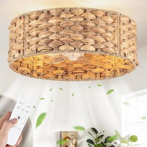 19” Boho Handwoven Rattan Ceiling Fan with Light Flush Mount Low Profile