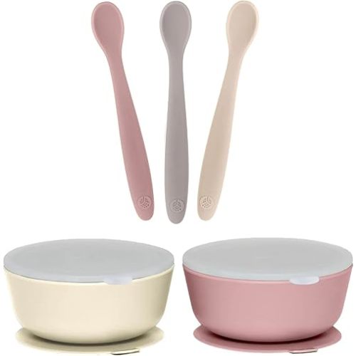 WeeSprout 3 Silicone Baby Spoons & 2 Bowls with Lids Bundle - Soft-Tip, Bendable Feeding Utensils - Durable, Travel-Friendly, Dishwasher Safe - Beige & Purple