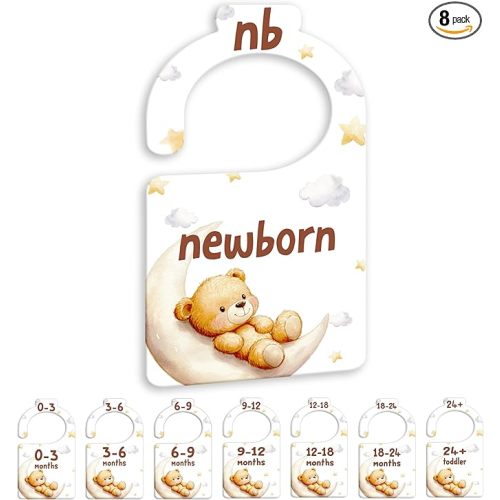 JMOST Bear Baby Closet Dividers for Nursery Closet Organizer, Newborn to 24 Months Size Clothes, Bear Moon Hangers with Size Dividers, Double Sided