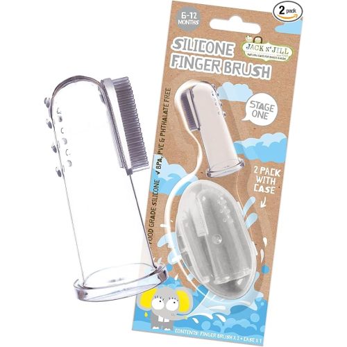 Jack N' Jill Stage 1 Silicone Finger Toothbrush - Baby Toothbrush 6 to 12 Months, Baby Oral Cleaner, Travel Size - Two Brushes Plus Case, (Pack of 1)