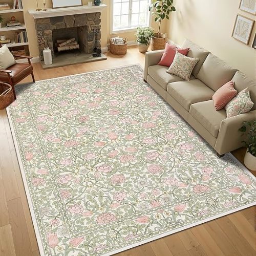GarveeHome Pink and Green Vintage Floral Washable Rugs 5x7 for Living Room Boho Retro Botanical Rug Low Pile Stain Resistance Non Slip Carpet for Bedroom Nursery Dining Room