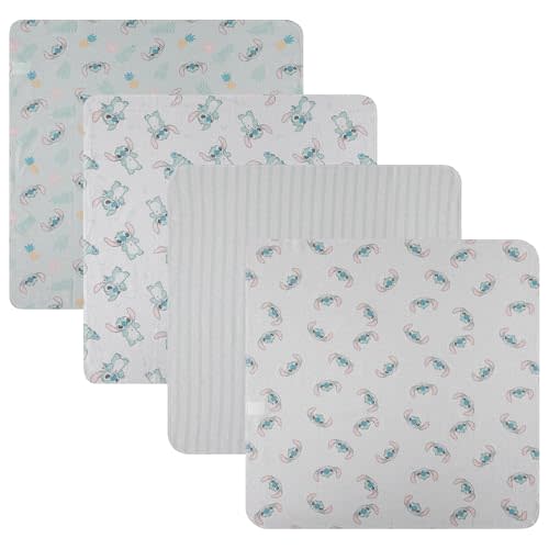 Disney Baby 4-Pack Receiving Blankets — 100% Cotton Flannel, 28" x 28" — Available in Mickey, Minnie, Pooh, Stitch or Angel — Soft Swaddle, Burp & Stroller Blankets — Gift-Ready with Ribbon Bow
