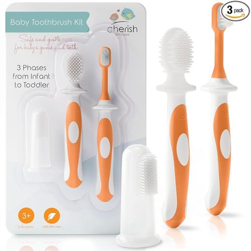 Cherish Baby Care Baby Toothbrush & Toddler Toothbrush Set (0-2 Years) - BPA-Free & Safety-Tested, 2023 Award Winner, Food-Grade Silicone (Orange)