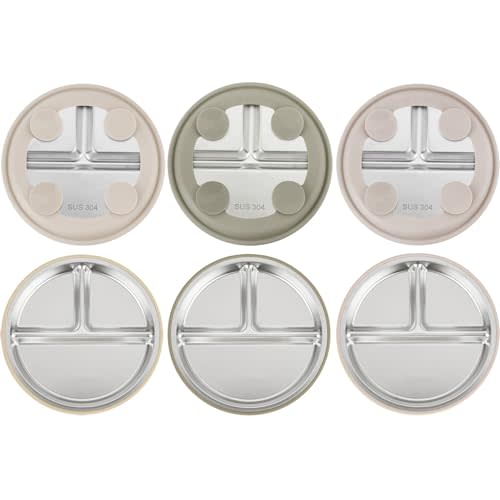 PandaEar 3 Pack Stainless Steel Baby Suction Plates, Divided Toddler Plate for Baby Led Weaning Supplies, Non-Slip Toddler Baby Feeding Set Dishwasher Safe (Linen/Brown/Tan)