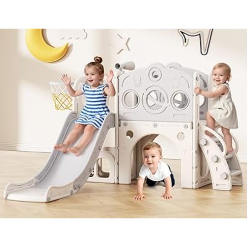 Babytronic Toddler Slide, 8 in 1 Kids Slide with Basketball Hoop, Telescope and Climber, Baby Slide Toddler Playground, Indoor Outdoor Playset for Toddlers Age 1-3, Kids Indoor Playground (White&Gray)