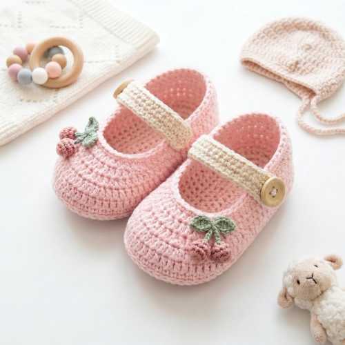 Crochet Cherry Baby Shoes | Blush Pink Mary Jane Booties, Handmade Newborn Gift