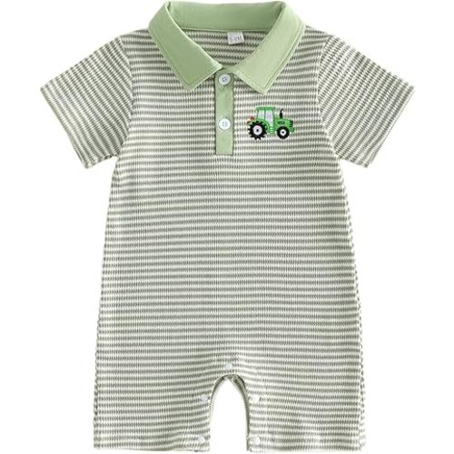 Bagilaanoe Infant Baby Boy Short Sleeve Romper Jumpsuit Fishing/Tracor Waffle Knit Outfit Summer One Piece Clothes