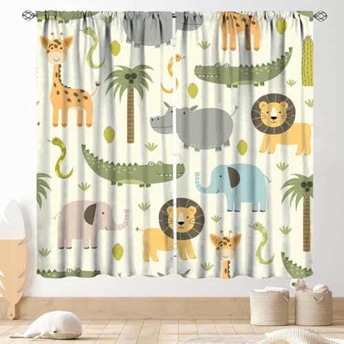 Cartoon Blackout Curtains Cute Jungle Forest Animals Tree Colorful Kids Baby Bedroom Nursery Living Room Decor Rod Pocket 2 Panels 42x63in