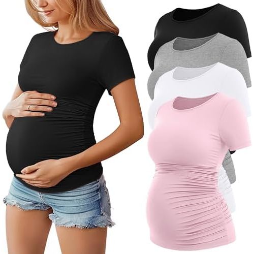 Huukeay 4 Pack Women's Maternity Shirts, Crew Neck Maternity Top Short Sleeve Casual Cotton Tee Side Ruched Pregnancy Clothes