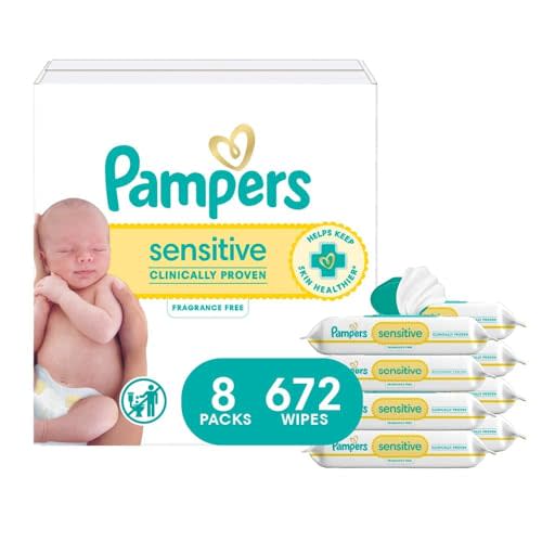 Pampers Baby Wipes, Sensitive, Water Based Wipe, Clinically Proven, Hypoallergenic, and Unscented for Babies, 672 Wipes Total (8 Flip-Top Packs) [Packaging May Vary]