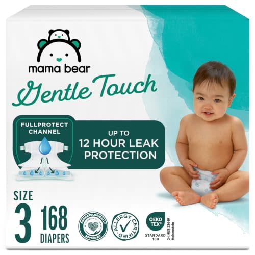 Amazon Brand - Mama Bear Gentle Touch Baby Diapers, Size 3, 168 Count (4 packs of 42), Leakproof, Keeps Baby Dry, Skin Safe, Formulated without Fragrance with Wetness Indicator