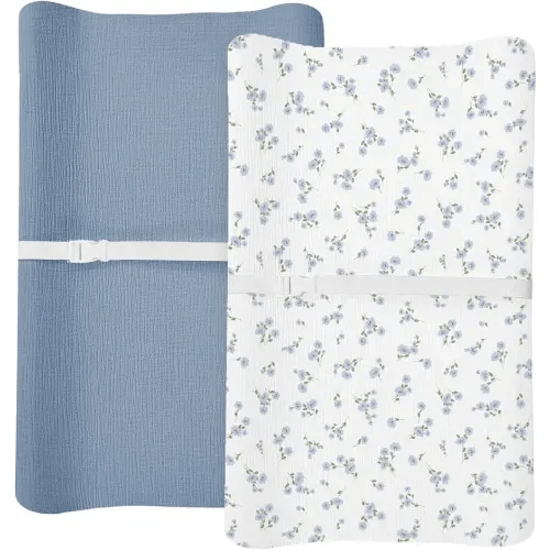 Changing Pad Cover for Baby Boy Girl 2 Pack, Muslin Changing Table Pad Covers with Boho Style, Neutral Nursery Bedding Essentials Soft and Breathable (Bluebell Bloom & Light Blue)