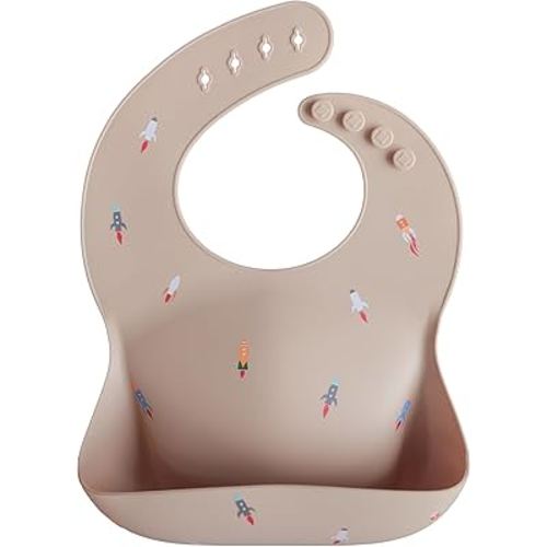 mushie Silicone Baby Bib | Adjustable Fit Waterproof Bibs (Rocket Ship)