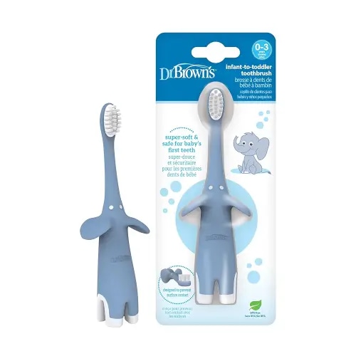 Dr. Brown's Infant-to-Toddler Training Toothbrush, Soft for Baby's First Teeth, Blue Elephant, 0-3 Years