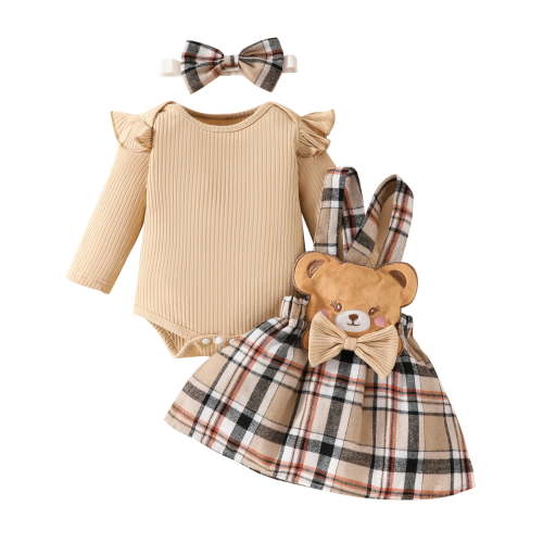 Dezsed Newborn Infant Girl Clothes Rib Knit Romper Print Suspender Skirt Headband Sets Baby Clothes for Girls for 0-3 Months Khaki