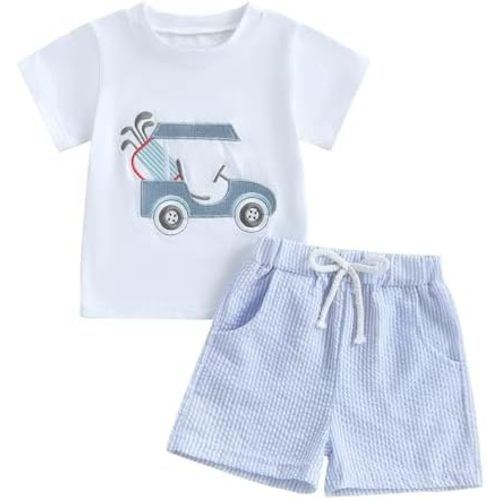 Baby Boy Golf Outfit Hole in One Golf Cart Embroidered Patches T Shirt Gingham Boxer Shorts Boy Summer Sport Clothes