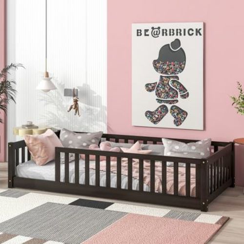 ModernLuxe Twin Size Floor Bed with Fence, Rubber Wood Bed Frame with Safety Guardrails, No Spring Box Required, Perfect for Kids, Espresso